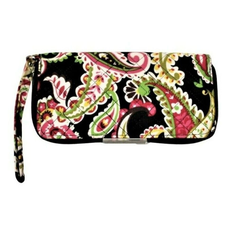 Quilted Zip Around Wallet Vera Bradley Wristlet Pink Black Green Yellow Paisley